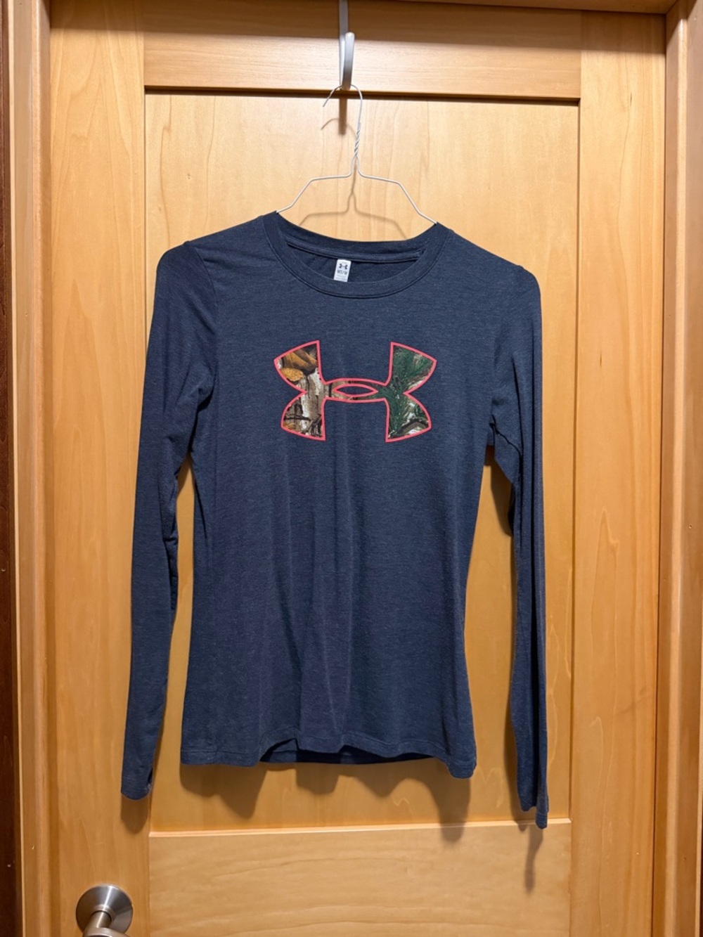 Under Armour Navy Long Sleeve Shirt with Camo Logo and Red Trim